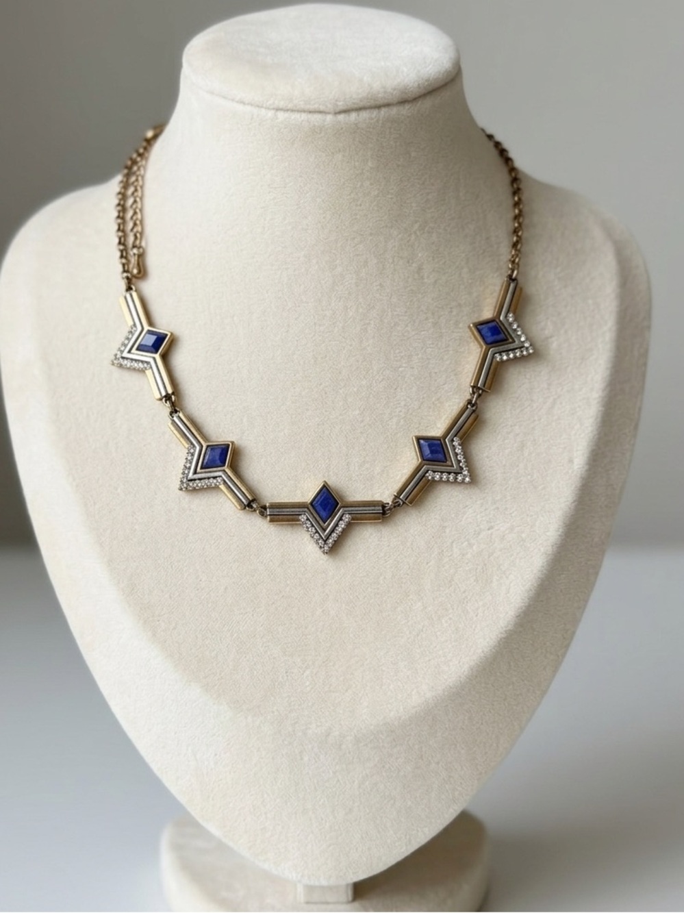 J. Crew Gold & Silver Tone Chevron Necklace with blue stones & crystals.